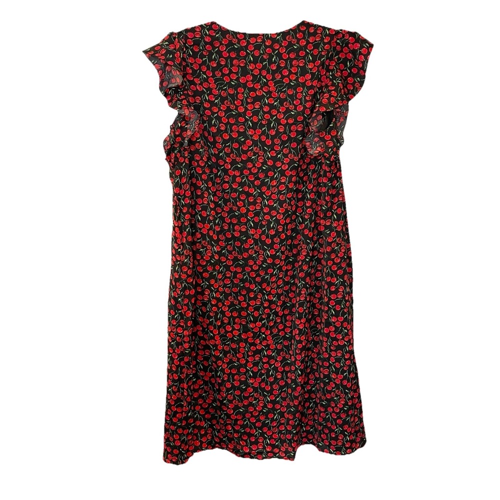 Modcloth Black Red Cherry Print Button Front Midi… - image 2